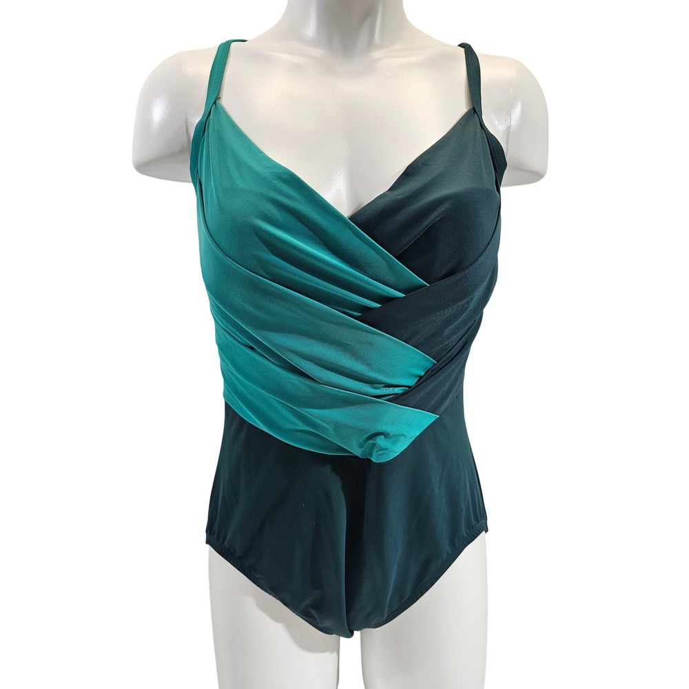 Lands' End Swimsuit Womens 12 Green Teal Wrap Front One Piece Draped Adjustable